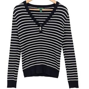 Lauren Ralph Lauren Womens M  Striped‎ V Neck Turn Lock Clasp Sweater